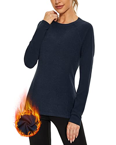 WOWENY Thermo Oberteil Damen Fleece Shirt Langarm Thermoaktive Thermounterwäsche extra warm Unterhemd Langarmshirt leicht Skiunterwäsche Wandershirt(Blau, XS) von WOWENY
