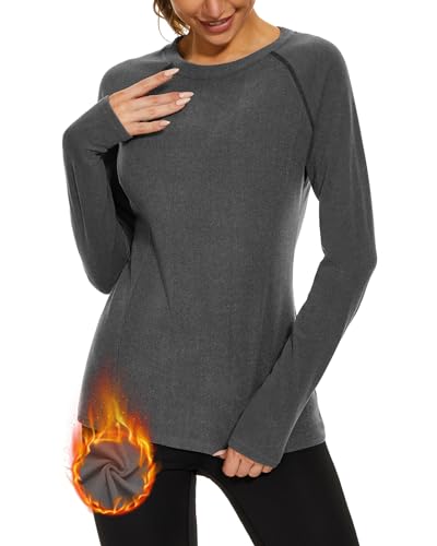 WOWENY Thermo Oberteil Damen Fleece Shirt Langarm Thermoaktive Thermounterwäsche extra warm Dralon Unterhemd Langarmshirt leicht Skiunterwäsche Wandershirt(Grau, L) von WOWENY