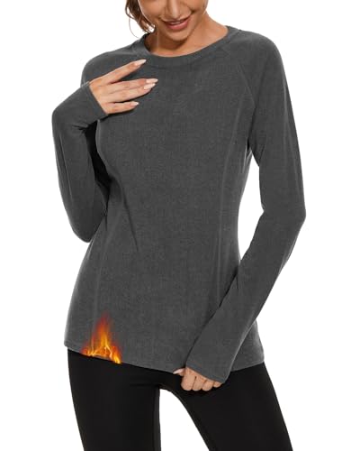 WOWENY Thermo Oberteil Damen Fleece Shirt Langarm Thermoaktive Thermounterwäsche extra warm Unterhemd Langarmshirt leicht Skiunterwäsche Wandershirt(Grau, L) von WOWENY