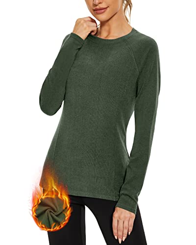 WOWENY Thermo Oberteil Damen Fleece Shirt Langarm Thermoaktive Thermounterwäsche extra warm Dralon Unterhemd Langarmshirt leicht Skiunterwäsche Wandershirt(Grün, L) von WOWENY