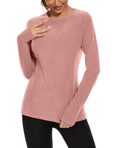 WOWENY Thermo Oberteil Damen Fleece Shirt Langarm Thermoaktive Thermounterwäsche extra warm Unterhemd Langarmshirt leicht Skiunterwäsche Wandershirt(Rosa, S) von WOWENY