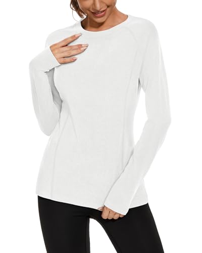 WOWENY Thermo Oberteil Damen Fleece Shirt Langarm Thermoaktive Thermounterwäsche extra warm Unterhemd Langarmshirt leicht Skiunterwäsche Wandershirt(Weiß, L) von WOWENY