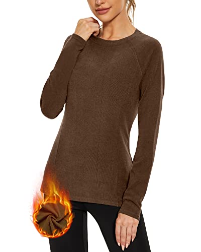 WOWENY Thermo Oberteil Damen Fleece Shirt Langarm Thermoaktive Thermounterwäsche extra warm Unterhemd Langarmshirt leicht Skiunterwäsche Wandershirt(Braun, XXL) von WOWENY