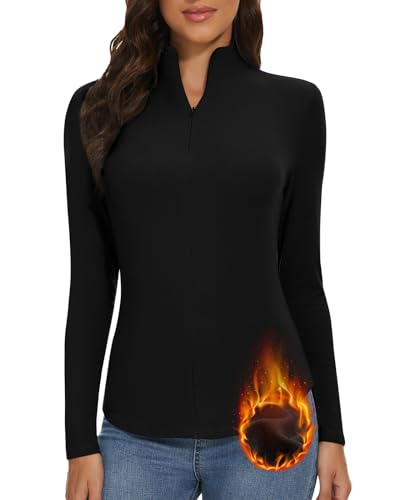 WOWENY Thermo Oberteil Damen Langarm 1/4 Reißverschluss Fleece Gefüttert Oberteil Stehkragen Pullover Half Zip Sweatshirt Warm Langarm Tops schwarz,M von WOWENY