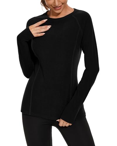 WOWENY Thermo Oberteil Damen Schwarz Fleece Shirt Langarm Thermoaktive Thermounterwäsche extra warm Unterhemd Langarmshirt leicht Skiunterwäsche Wandershirt(Schwarz, M) von WOWENY