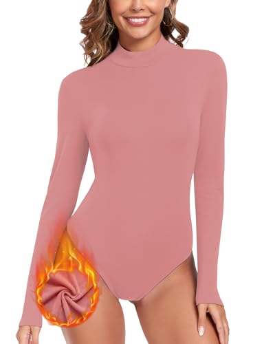 WOWENY Thermo Rollkragen Body Damen Langarm Stehkragen Fleece Bodysuit Warm Bequem Elegant Rolli Oberteil(Rosa,XS) von WOWENY