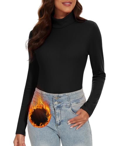 WOWENY Thermo Rollkragenshirt Damen Gerippt Rollkragenpullover Warm Ribbed Langarmshirt mit Stehkragen Elegant Rolli Langarm Bequem[Schwarz, von WOWENY