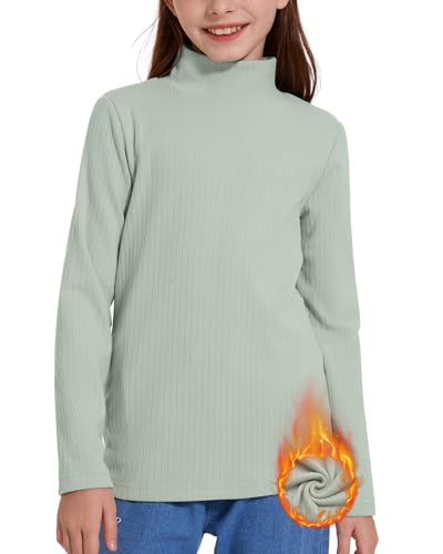 WOWENY Thermo Rollkragenshirt Kinder Unterhemd Jungen Fleece Oberteil Warm Gerippt Rollkragenpullover Mädchen Thermoshirt Langarm für Winter 5-14 Jahre(Hellgrün,158-164) von WOWENY