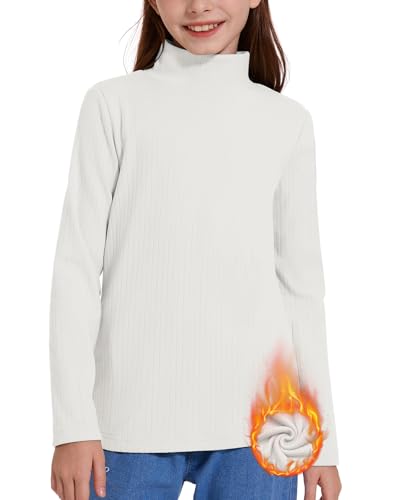 WOWENY Thermo Rollkragenshirt Kinder Unterhemd Jungen Fleece Oberteil Warm Gerippt Rollkragenpullover Mädchen Thermoshirt Langarm für Winter 5-14 Jahre(Weiß,128-134) von WOWENY