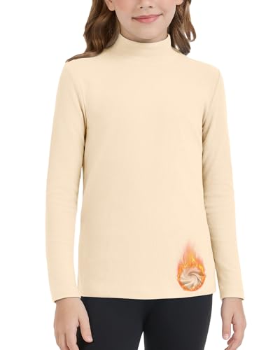 WOWENY Thermoshirt Kinder Langarm Thermo Unterhemd Warm Unisex Rollkragenpullover Mädchen Rollkragenshirt Jungen Winter Ski (Beige, 11-12 Jahre) von WOWENY