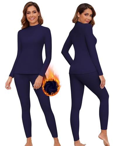 WOWENY Thermounterwäsche Damen Fleece Skiunterwäsche Set Winter Unterwäsche Warm Funktionsunterwäsche Thermo Oberteil mit Stehkragen & Thermohose Leggings für Alltag Skifahren Wandern(Dunkelblau, M) von WOWENY