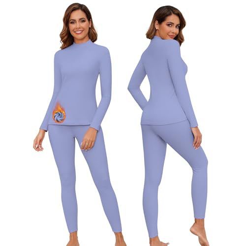 WOWENY Thermounterwäsche Damen Fleece Skiunterwäsche Set Winter Unterwäsche Warm Funktionsunterwäsche Thermo Oberteil mit Stehkragen & Thermohose Leggings für Alltag Skifahren Wandern(Blau, L) von WOWENY