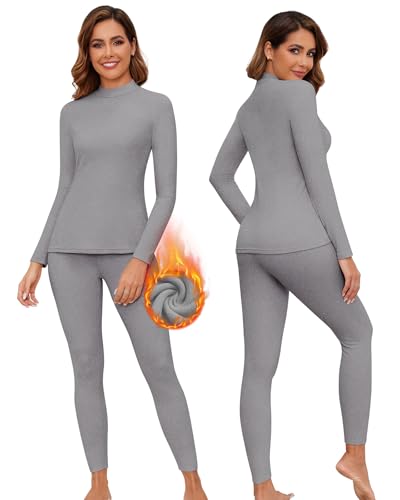 WOWENY Thermounterwäsche Damen Fleece Skiunterwäsche Set Winter Unterwäsche Warm Funktionsunterwäsche Thermo Oberteil mit Stehkragen & Thermohose Leggings für Alltag Skifahren Wandern(Grau, XL) von WOWENY