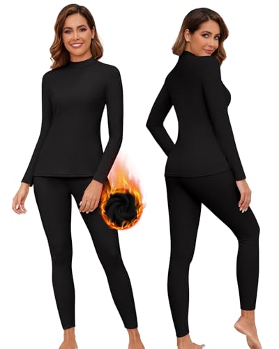 WOWENY Thermounterwäsche Damen Fleece Skiunterwäsche Set Winter Unterwäsche Warm Funktionsunterwäsche Thermo Oberteil mit Stehkragen & Thermohose Leggings für Alltag Skifahren Wandern(Schwarz, L) von WOWENY