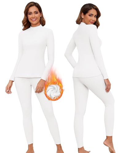 WOWENY Thermounterwäsche Damen Fleece Skiunterwäsche Set Winter Unterwäsche Warm Funktionsunterwäsche Thermo Oberteil mit Stehkragen & Thermohose Leggings für Alltag Skifahren Wandern(Weiß, S) von WOWENY