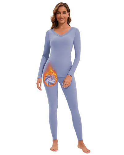 WOWENY Thermounterwäsche Damen Set Extra Warm Thermo Unterwäsche Winter Skiunterwäsche Oberteil und Unterhose V Ausschnitt Thermoshirt Damen Funktionsunterwäsche V-Blau M von WOWENY