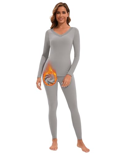 WOWENY Thermounterwäsche Damen Set Extra Warm Thermo Unterwäsche Winter Skiunterwäsche Oberteil und Unterhose V Ausschnitt Thermoshirt Damen Funktionsunterwäsche V-Grau XXL von WOWENY