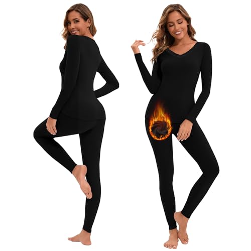 WOWENY Thermounterwäsche Damen Set Extra Warm Thermo Unterwäsche Winter Skiunterwäsche Oberteil und Unterhose V Ausschnitt Thermoshirt Damen Funktionsunterwäsche V-Schwarz XL von WOWENY