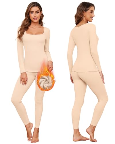 WOWENY Thermounterwäsche Damen Set Fleece Unterwäsche Warm Thermo Elegant Oberteil Langarm mit Eckiger Ausschnitt & Thermohose Leggings Base Layer für Winter Alltag(Beige, L) von WOWENY