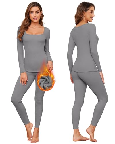 WOWENY Thermounterwäsche Damen Set Fleece Unterwäsche Warm Thermo Elegant Oberteil Langarm mit Eckiger Ausschnitt & Thermohose Leggings Base Layer für Winter Alltag(Grau, M) von WOWENY