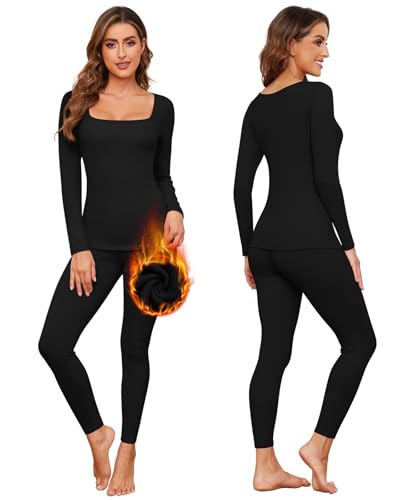 WOWENY Thermounterwäsche Damen Set Fleece Unterwäsche Warm Thermo Elegant Oberteil Langarm mit Eckiger Ausschnitt & Thermohose Leggings Base Layer für Winter Alltag(Schwarz, L) von WOWENY