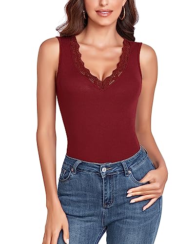 WOWENY Top Damen mit Spitze V-Ausschnitt Damen Oberteile Damen elegant und sexy Basic Tank Top Unterhemden,Dunkelrot,L von WOWENY