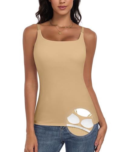 WOWENY Top spaghettiträger Damen Unterhemd Camisole Tank mit Integriertem BH Summer Basic Tops BH-Hemden Khaki XXL von WOWENY
