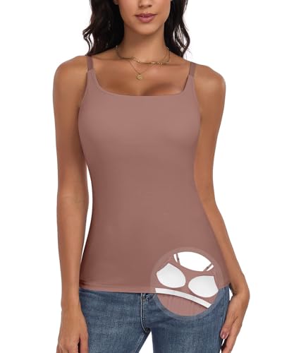 WOWENY Top spaghettiträger Damen Unterhemd Camisole Tank mit Integriertem BH Summer Basic Tops BH-Hemden Mokka S von WOWENY