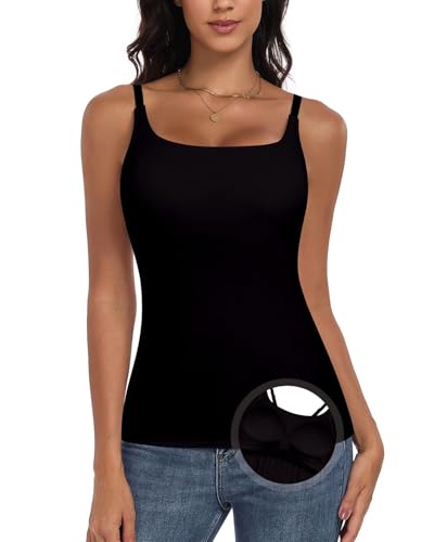 WOWENY Top spaghettiträger Damen Unterhemd Camisole Tank mit Integriertem BH Summer Basic Tops BH-Hemden Schwarz XL von WOWENY