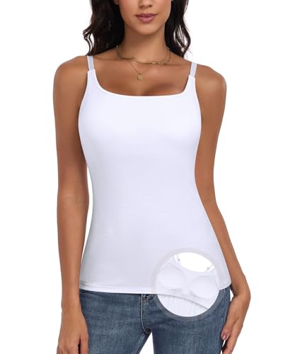 WOWENY Top spaghettiträger Damen Unterhemd Camisole Tank mit Integriertem BH Summer Basic Tops BH-Hemden Weiß M von WOWENY
