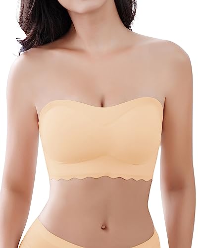 WOWENY Trägerlos BH Bandeau Top Damen Rückenfrei mit Verstellbaren Trägern BH Damen Ohne Bügel Strapless Bra Unsichtbarer BH Damen Nahtlose Tube Top Beige XXL von WOWENY