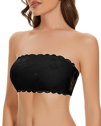 WOWENY Trägerloser BH Spitze Bandeau Top Damen BH ohne Bügel Gepolsterter Bralette Tube Top mit Transparenten Trägern Schwarz M von WOWENY