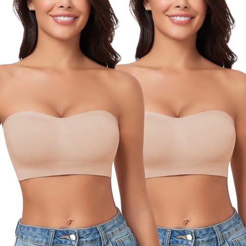 WOWENY Trägerloser Bandeau BH Damen ohne Bügel Tube Top Nahtlos Gepolsterter Bralette mit Durchsichtigen Trägern Rutschfestes Silikon,Beige*2 von WOWENY