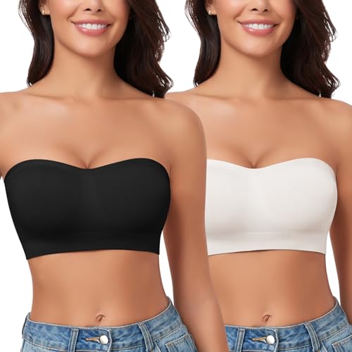 WOWENY Trägerloser Bandeau BH Damen ohne Bügel Tube Top Nahtlos Gepolsterter Bralette mit Durchsichtigen Trägern Rutschfestes Silikon,Schwarz+weiß von WOWENY