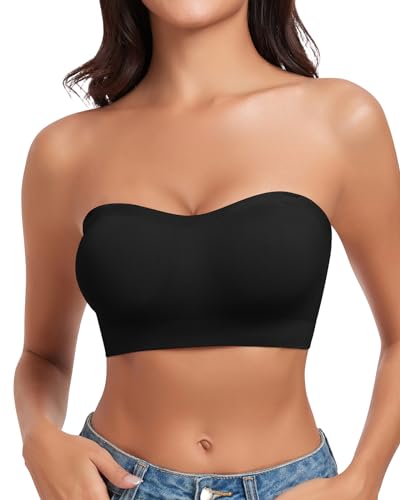 WOWENY Trägerloser Bandeau BH Damen ohne Bügel Tube Top Nahtlos Gepolsterter Bralette mit Durchsichtigen Trägern Rutschfestes Silikon[Schwarz,L] von WOWENY