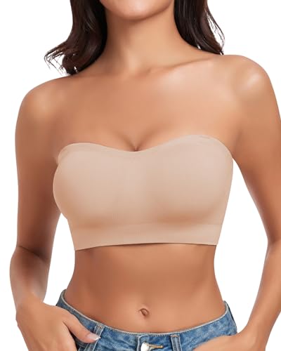 WOWENY Trägerloser Bandeau BH Hautfarben Damen ohne Bügel Tube Top Nahtlos Gepolsterter Bralette mit Durchsichtigen Trägern Rutschfestes Silikon[Beige, WOWENY Trägerloser Bandeau BH Hautfarben Damen ohne Bügel Tube Top Nahtlos Gepolsterter Bralette mit Durchsichtigen Trägern Rutschfestes Silikon[Beige, von WOWENY