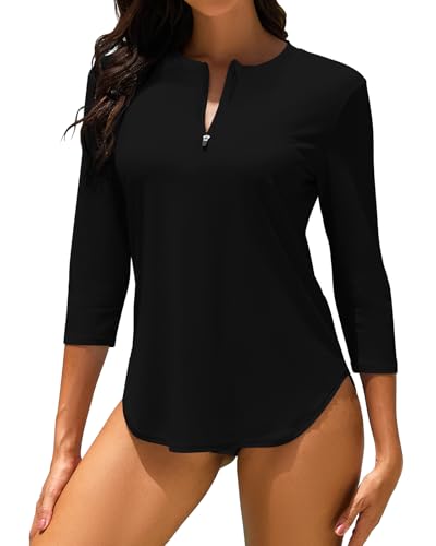 WOWENY UV Shirt Damen Schwimmshirt 3/4 Arm Rashguard mit 1/4 Zip UPF 50+ UV Schutz Schnelltrocknend Badeshirt für Wassersport Surf Strand(Schwarz,L) von WOWENY