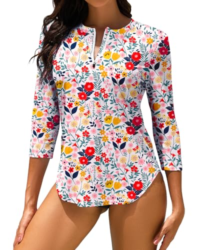 WOWENY UV Shirt Damen Schwimmshirt 3/4 Arm Rashguard mit 1/4 Zip UPF 50+ UV Schutz Schnelltrocknend Badeshirt für Wassersport Surf Strand von WOWENY