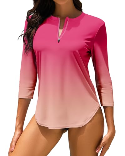WOWENY UV Shirt Damen Schwimmshirt 3/4 Arm Rashguard mit 1/4 Zip UPF 50+ UV Schutz Schnelltrocknend Badeshirt für Wassersport Surf Strand von WOWENY
