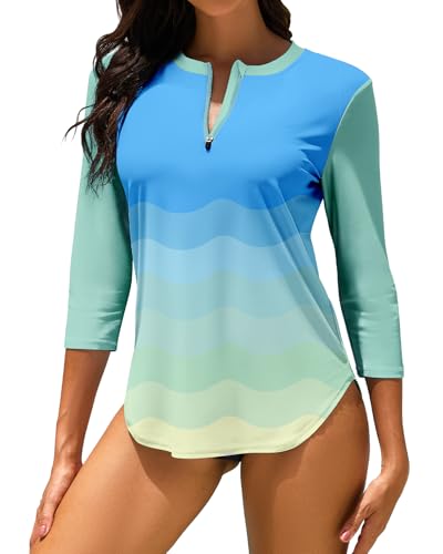 WOWENY UV Shirt Damen Schwimmshirt 3/4 Arm Rashguard mit 1/4 Zip UPF 50+ UV Schutz Schnelltrocknend Badeshirt für Wassersport Surf Strand von WOWENY