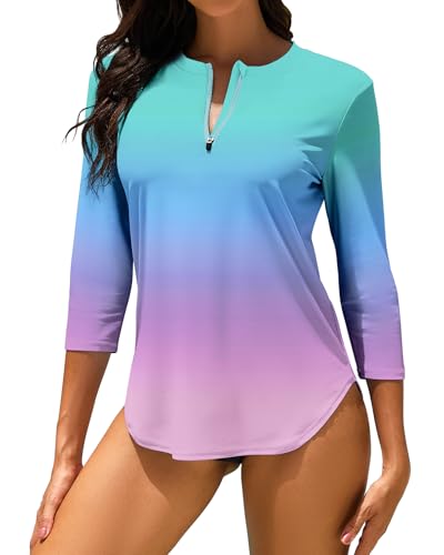 WOWENY UV Shirt Damen Schwimmshirt 3/4 Arm Rashguard mit 1/4 Zip UPF 50+ UV Schutz Schnelltrocknend Badeshirt für Wassersport Surf Strand von WOWENY