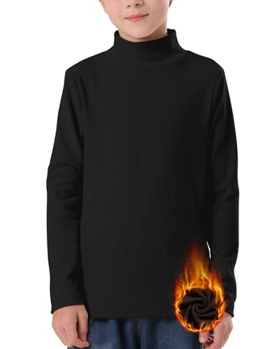 WOWENY Unisex Kinder Langarmshirt Thermounterwäsche Rollkragen Basic Gerippte T-Shirt Unterhemd Oberteil Winter Unterwäsche für Jungen und Mädchen,Schwarz,164 von WOWENY