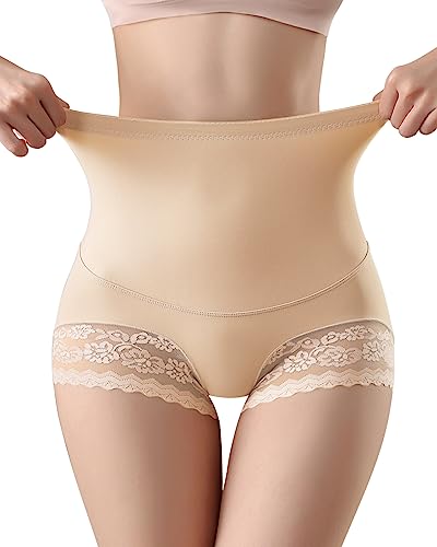 WOWENY Damen Shapewear Unterhose Bauchweg Leicht Formende Miederhose hoher Taille Unterwäsche Spitze Miederslip für Damen 2-Beige L von WOWENY