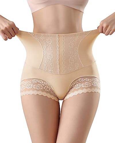 WOWENY Damen Shapewear Unterhose Bauchweg Leicht Formende Miederhose hoher Taille Unterwäsche Spitze Miederslip für Damen mit Jacquard Tummy Panel 1-Beige XL von WOWENY