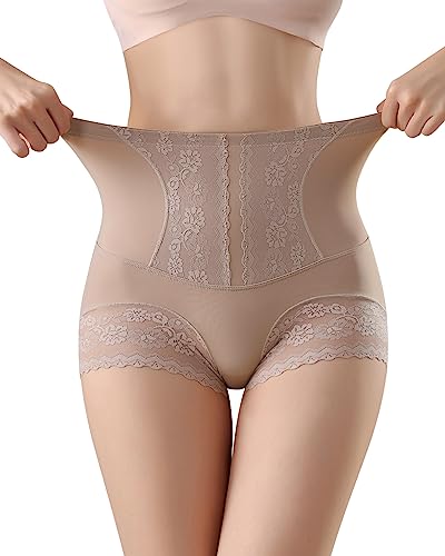 WOWENY Damen Shapewear Unterhose Bauchweg Leicht Formende Miederhose hoher Taille Unterwäsche Spitze Miederslip für Damen mit Jacquard Tummy Panel 1-Braun L von WOWENY