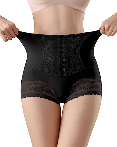 WOWENY Damen Shapewear Unterhose Bauchweg Leicht Formende Miederhose hoher Taille Unterwäsche Spitze Miederslip für Damen mit Jacquard Tummy Panel 1-Schwarz XL von WOWENY