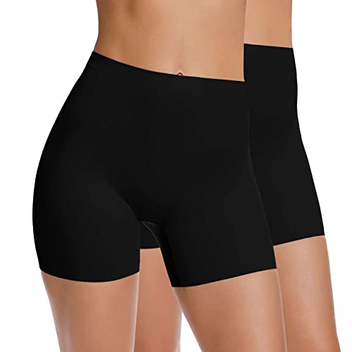 WOWENY Unterhosen mit Bein Damen Nahtlos Panty Unter Rock Hosen Kurz Anti Rutsch, Lange Frauen Panties Anti-Chafing Tailenslips Höschen, 2er Pack Schwarz Größe L von WOWENY