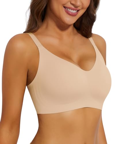 WOWENY Vollschalen BH Damen Ohne Bügel Push Up Bügelloser Nahtloser BH Gepolstert V-Ausschnitt Bralette Stützender Comfy Soft Tshirt Schlaf Klassische[Beige, XL] von WOWENY