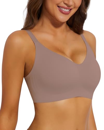 WOWENY Vollschalen BH Damen Ohne Bügel Push Up Bügelloser Nahtloser BH Gepolstert V-Ausschnitt Bralette Stützender Comfy Soft Tshirt Schlaf Klassische[Kaffee, 2XL] von WOWENY