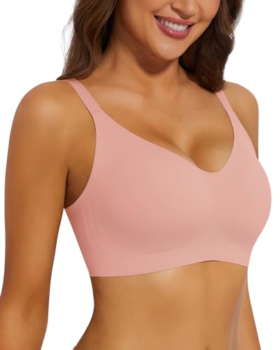 WOWENY Vollschalen BH Damen Ohne Bügel Push Up Bügelloser Nahtloser BH Gepolstert V-Ausschnitt Bralette Stützender Comfy Soft Tshirt Schlaf Klassische[Rosa, M] von WOWENY